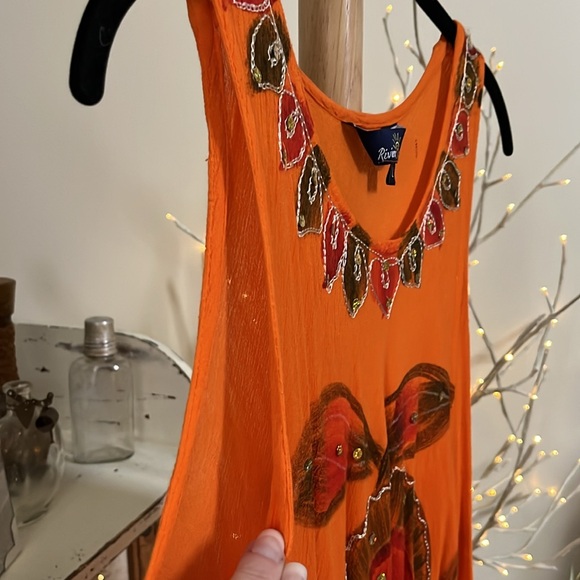 Riviera Sun L  bright orange/red/brown w/embroidery and sequins coverup. Hi/lo - Picture 5 of 7